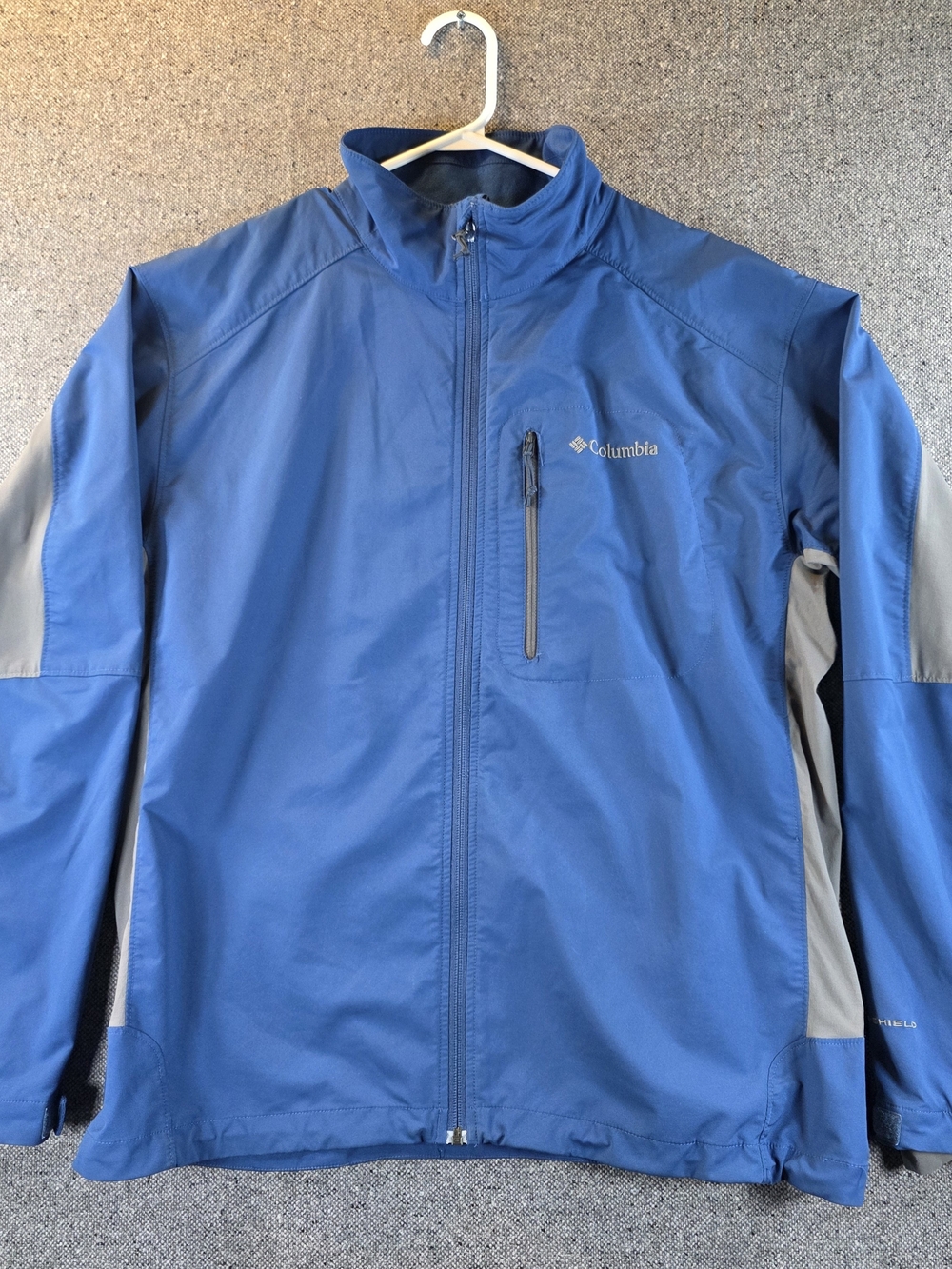 Columbia Ryder Peak Jacket Mens L Blue Gray Omni-Shield Stretch Shell WM6444